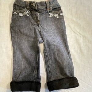 GYMBOREE Bow Puppy and Cat light black jeans with faux fur trim. 12-18 months.